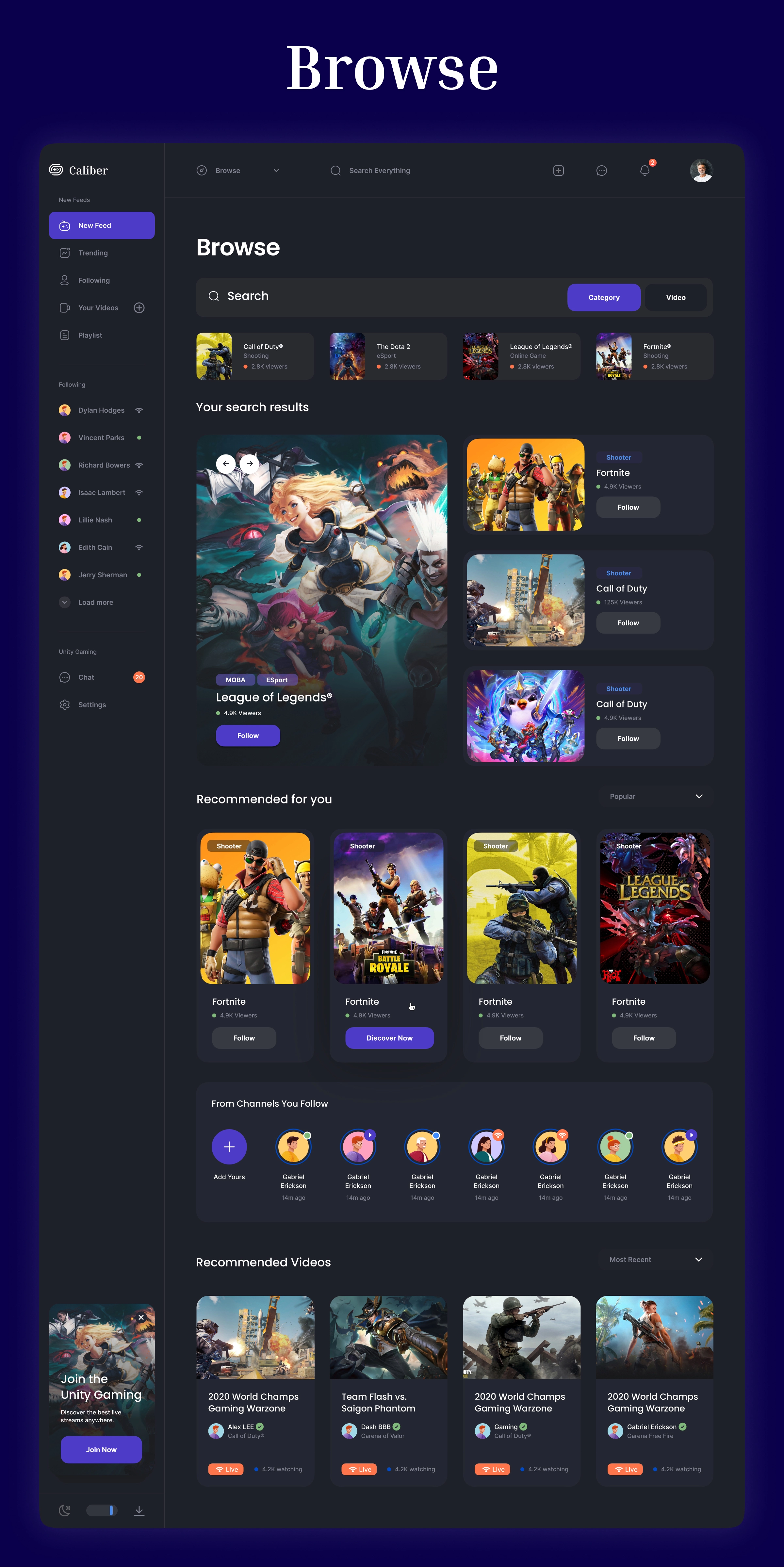 Caliber – Gaming Dashboard & Streaming Platform